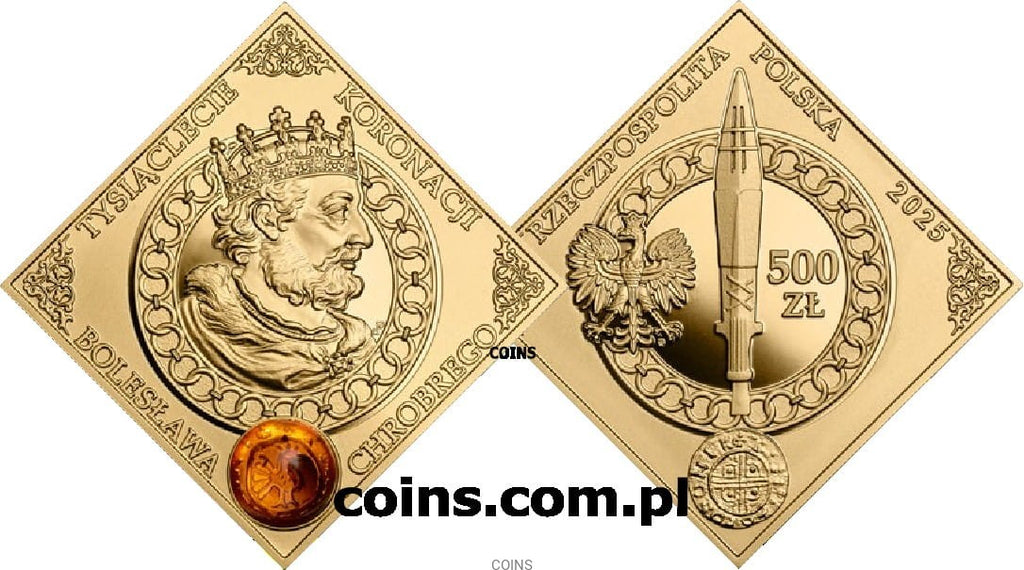 500 zł Tysiąclecie koronacji Bolesława Chrobrego 2oz Au999,9 złoto + bursztyn
